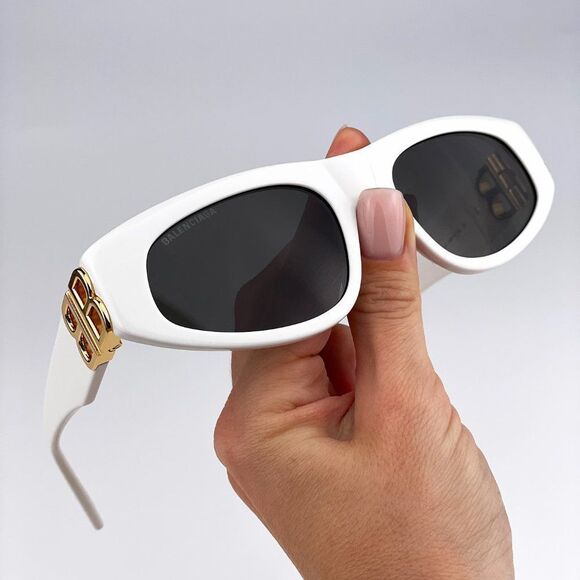 Balenciaga BB0095S 012 Sunglasses White Gold Logo Grey Cat Eye Unisex - Picture 1 of 11